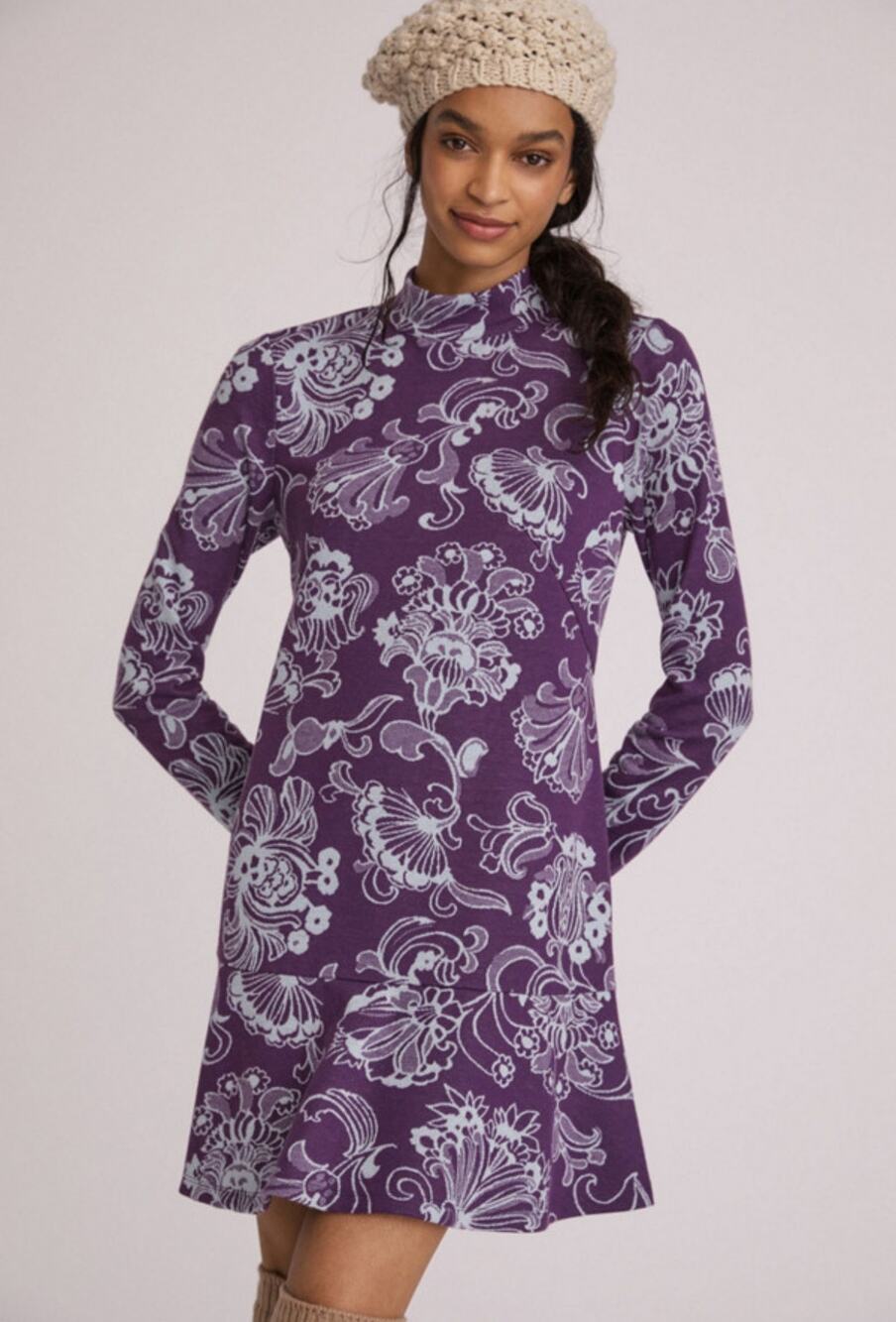 Anthropologie Purple & Blue Floral Backless Mockneck Swing Dress